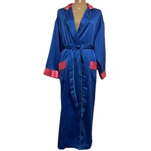 Victoria Secret Vintage Blue Satin Pink Cuff + Pockets Green Trim Long L Robe